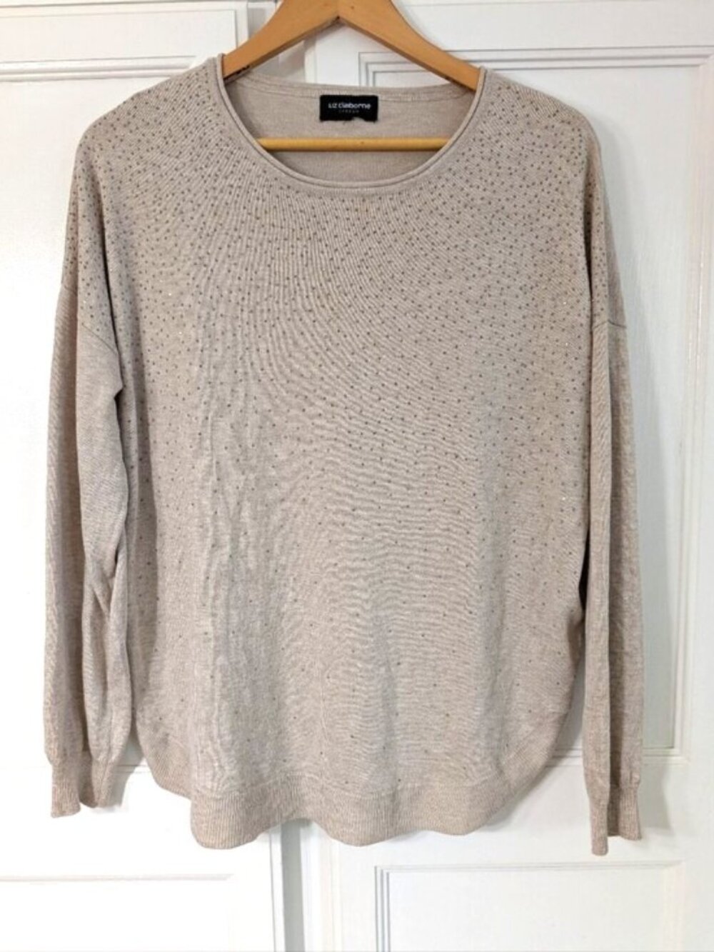 Like New Liz Claiborne Career Woman Shimmer Rhinestones Sweater, Oatmeal, Size L
